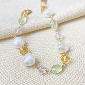 Baroque Pearl and Mixed Gemstone Bracelet in Gold Fill with Citrine, Rose Quartz, Prehnite 7 Inches 1 inch extender image 2