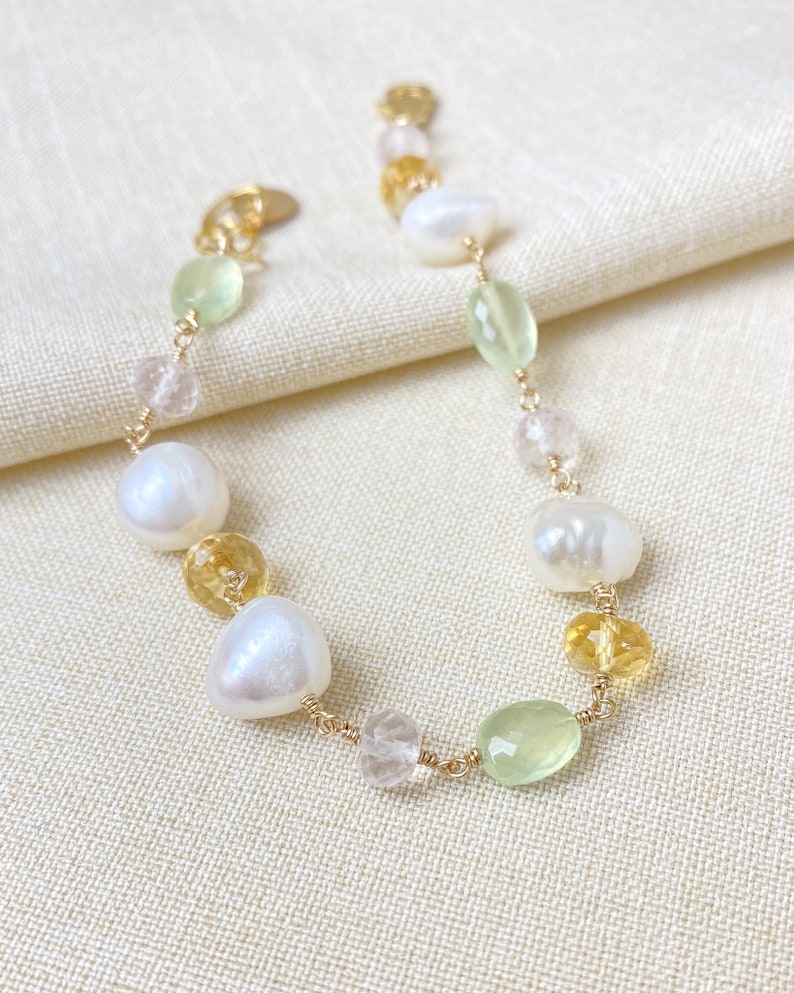 Baroque Pearl and Mixed Gemstone Bracelet in Gold Fill with Citrine, Rose Quartz, Prehnite 7 Inches 1 inch extender image 2