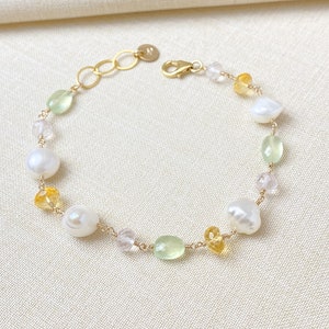 Baroque Pearl and Mixed Gemstone Bracelet in Gold Fill with Citrine, Rose Quartz, Prehnite 7 Inches 1 inch extender image 1