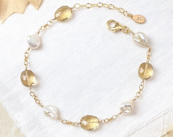 Golden Champagne Quartz and Small Baroque Pearl Station Bracelet in Gold Fill - 7 Inch + Extender