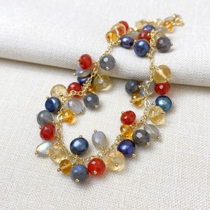 Gold Citrine and Labradorite Gemstone Beaded Charm Bracelet 7 Inches Extender Colorful Jewelry image 3