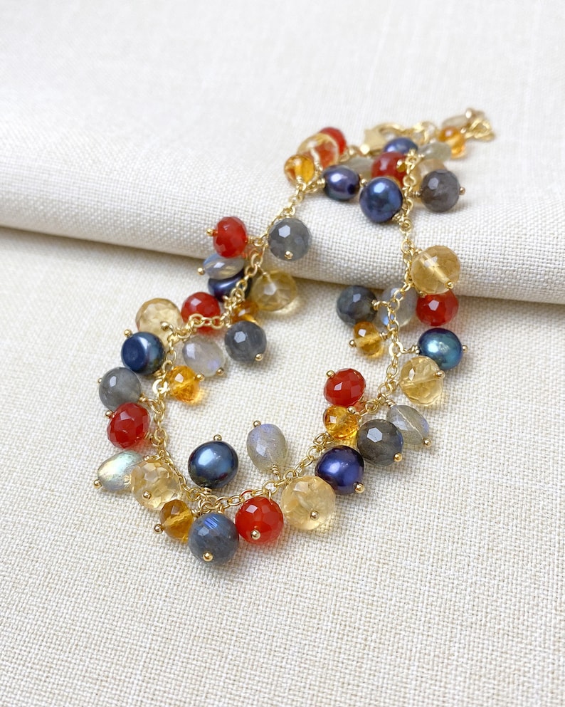 Gold Citrine and Labradorite Gemstone Beaded Charm Bracelet 7 Inches Extender Colorful Jewelry image 3