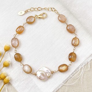 Baroque Pearl and Golden Moonstone Beaded Bracelet in Gold 7.5 Inch Extender Fall Jewelry image 5