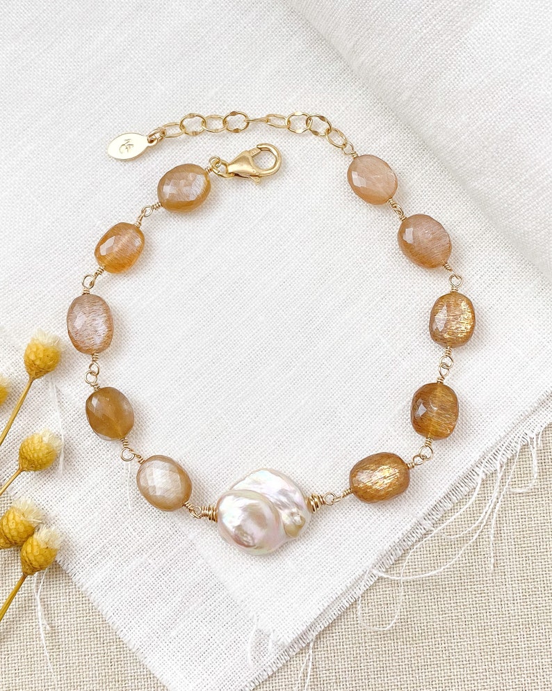 Baroque Pearl and Golden Moonstone Beaded Bracelet in Gold 7.5 Inch Extender Fall Jewelry image 5