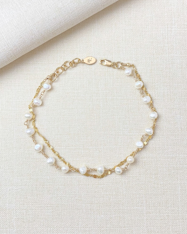 Delicate Layered Pearl and Gold Chain Bracelet 7 Inches 1 Inch Extender June Birthstone Jewelry image 5