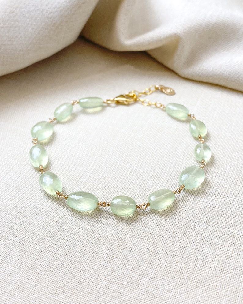 Green Prehnite Gemstone Bracelet Wire Wrapped in Gold Fill 7 Inches Extender image 4