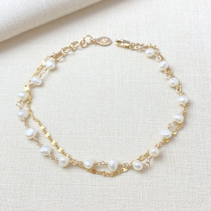 Delicate Layered Pearl and Gold Chain Bracelet 7 Inches 1 Inch Extender June Birthstone Jewelry image 1