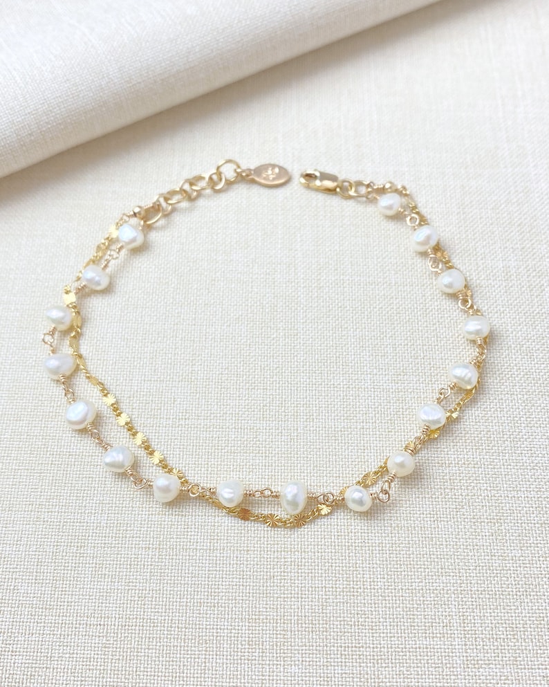 Delicate Layered Pearl and Gold Chain Bracelet 7 Inches 1 Inch Extender June Birthstone Jewelry image 1