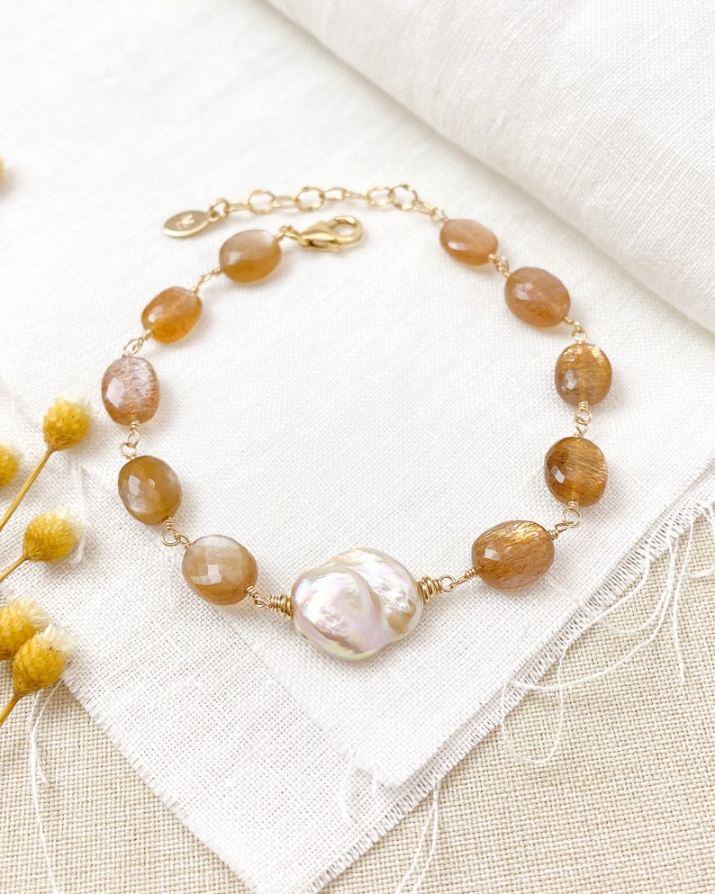 Baroque Pearl and Golden Moonstone Beaded Bracelet in Gold 7.5 Inch Extender Fall Jewelry image 3