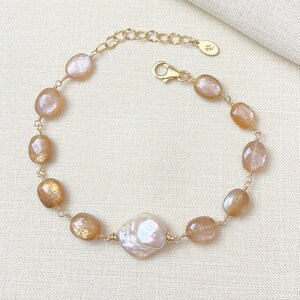 Baroque Pearl and Golden Moonstone Beaded Bracelet in Gold 7.5 Inch Extender Fall Jewelry image 8