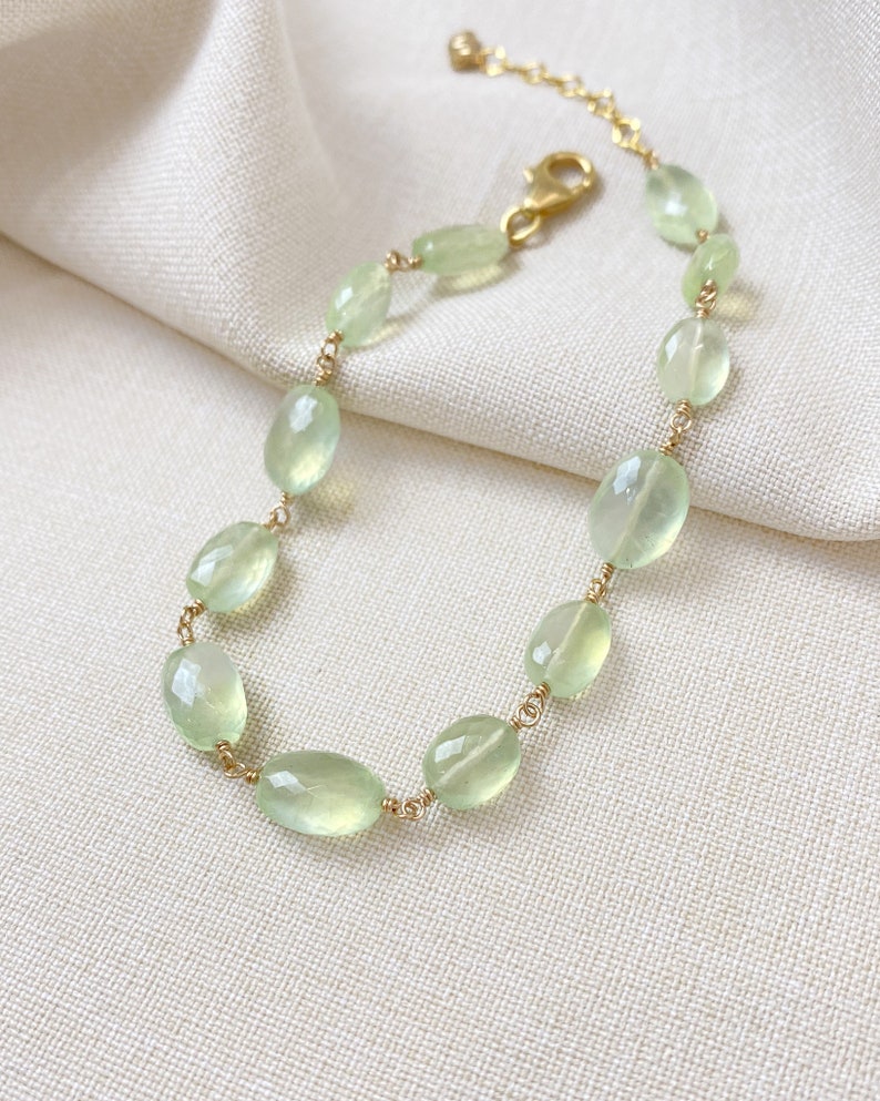 Green Prehnite Gemstone Bracelet Wire Wrapped in Gold Fill 7 Inches Extender image 3
