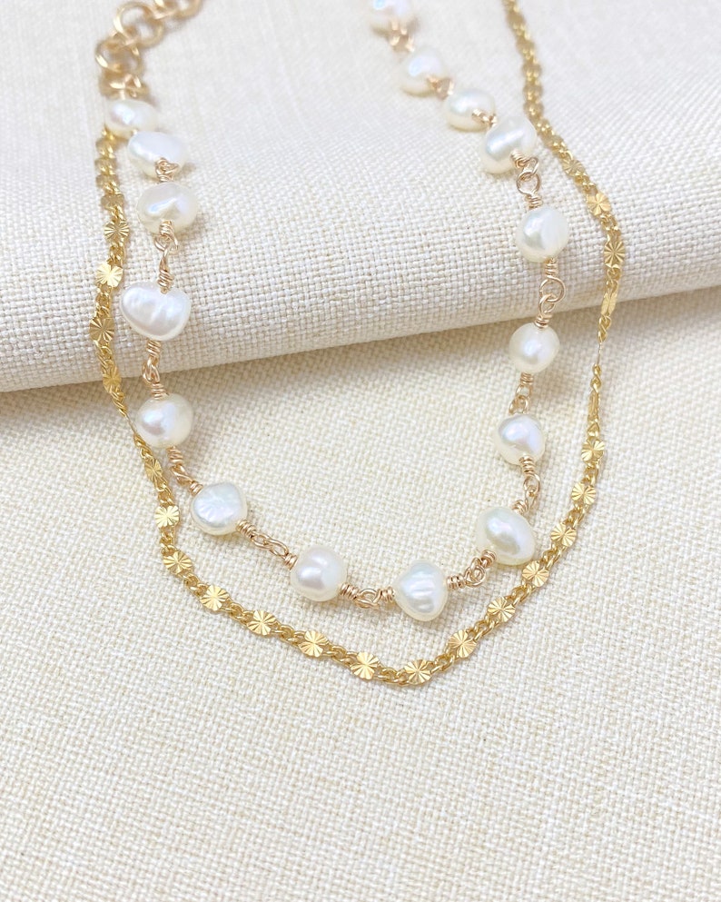 Delicate Layered Pearl and Gold Chain Bracelet 7 Inches 1 Inch Extender June Birthstone Jewelry image 3