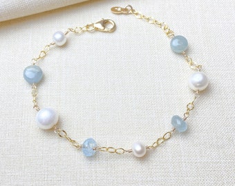 Aquamarine and Pearl Beaded Station Bracelet in Gold Fill - 7 Inches + 1 Inch Extender