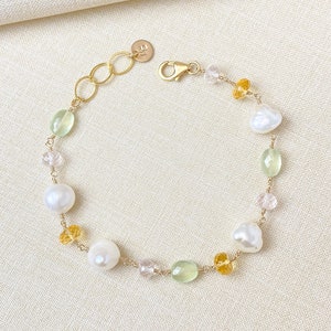 Baroque Pearl and Mixed Gemstone Bracelet in Gold Fill with Citrine, Rose Quartz, Prehnite 7 Inches 1 inch extender image 5