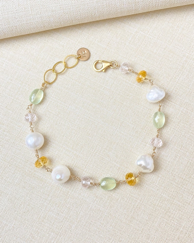 Baroque Pearl and Mixed Gemstone Bracelet in Gold Fill with Citrine, Rose Quartz, Prehnite 7 Inches 1 inch extender image 5