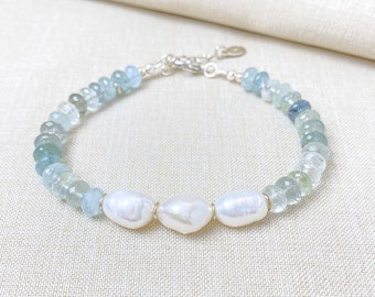Triplet Freshwater Pearl and Blue Green Aquamarine Beaded Bracelet in Sterling Silver
