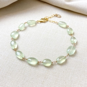 Green Prehnite Gemstone Bracelet Wire Wrapped in Gold Fill 7 Inches Extender image 1