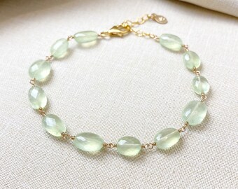 Green Prehnite Gemstone Bracelet Wire Wrapped in Gold Fill - 7 Inches + Extender