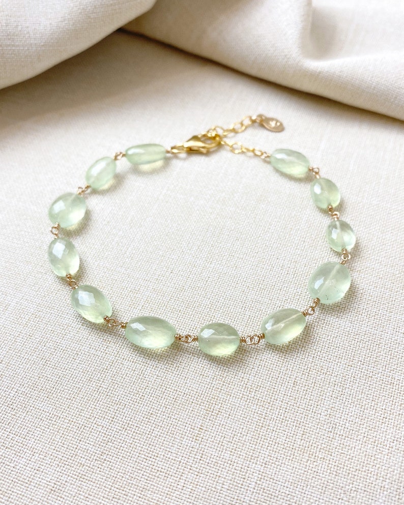 Green Prehnite Gemstone Bracelet Wire Wrapped in Gold Fill 7 Inches Extender image 1