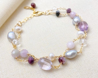 Gold Layered Pink Multi Gemstone and Pearl Bracelet with Amethyst, Kunzite, Tourmaline - 7 Inches plus Extender