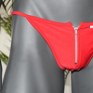 May include: Red zippered underwear with a silver zipper.