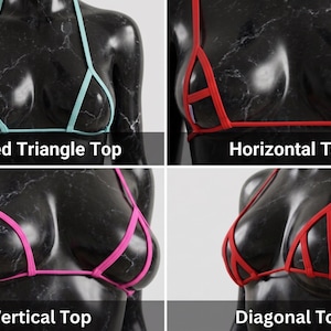 Pu&ograve; includere: Una visualizzazione in quattro parti di top bikini su manichini neri. In alto a sinistra: Naked Triangle Top azzurro. In alto a destra: Horizontal Top rosso. In basso a sinistra: Vertical Top rosa. In basso a destra: Diagonal Top rosso.