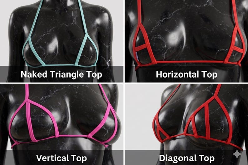 Pu&ograve; includere: Una visualizzazione in quattro parti di top bikini su manichini neri. In alto a sinistra: Naked Triangle Top azzurro. In alto a destra: Horizontal Top rosso. In basso a sinistra: Vertical Top rosa. In basso a destra: Diagonal Top rosso.