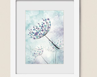 Purple Girls Nursery Art, Aqua Blue Dandelion Wall Art, Baby Girls Nursery Wall Art, Dandelion Art Print