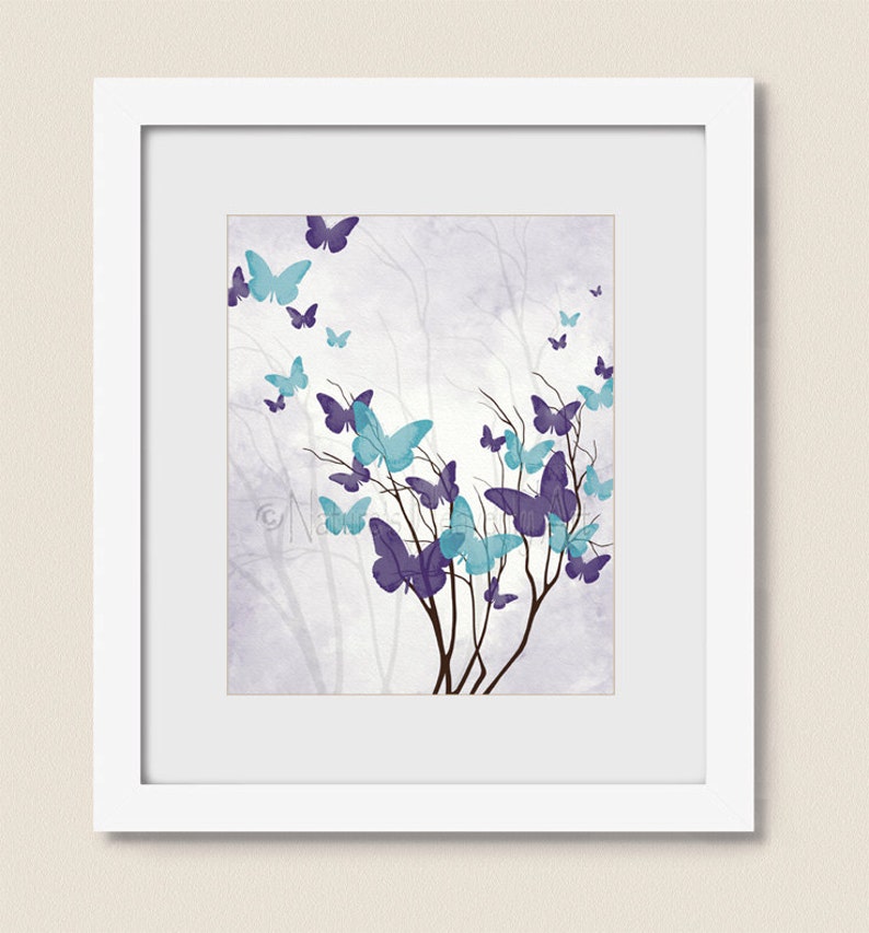 Purple Aqua Girls Butterfly Art, Girls Aqua Nursery Wall Decor, Butterfly Wall Art for Girls Room, Butterfly Print, Lime Green image 2