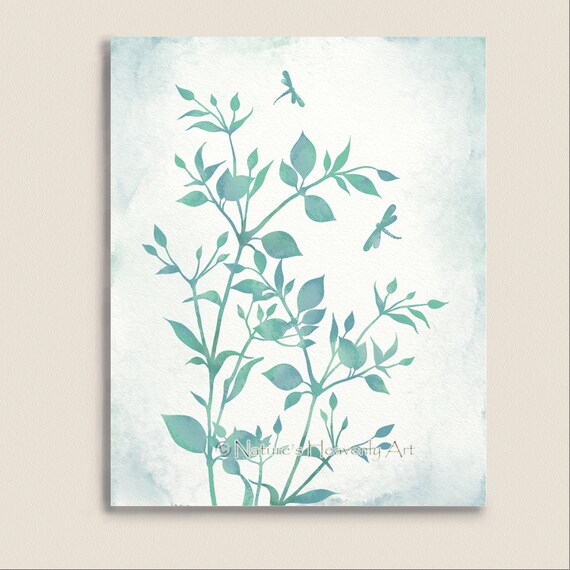 Watercolor Art Print, Dragonflies, Blue Green Wall Art Turquoise Decor 8 x 10 Botanical Print, Nature Plant (109)