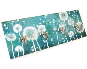 Teal Wall Key Holder, Dandelion Wall Decor Hooks for Keys, Key Rack, Blue Green Key Hooks, Necklace Hanger (8)