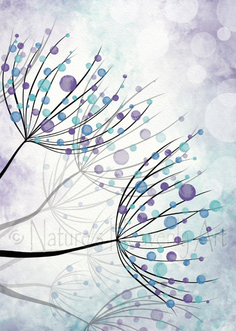 Purple Girls Nursery Art, Aqua Blue Dandelion Wall Art, Baby Girls Nursery Wall Art, Dandelion Art Print image 2