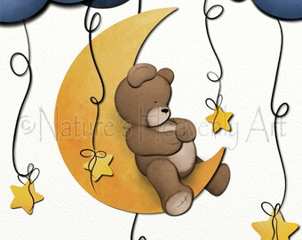 Moon and Stars Decor for Nursery, Teddy Bear Wall Art, Boys Room Art Print