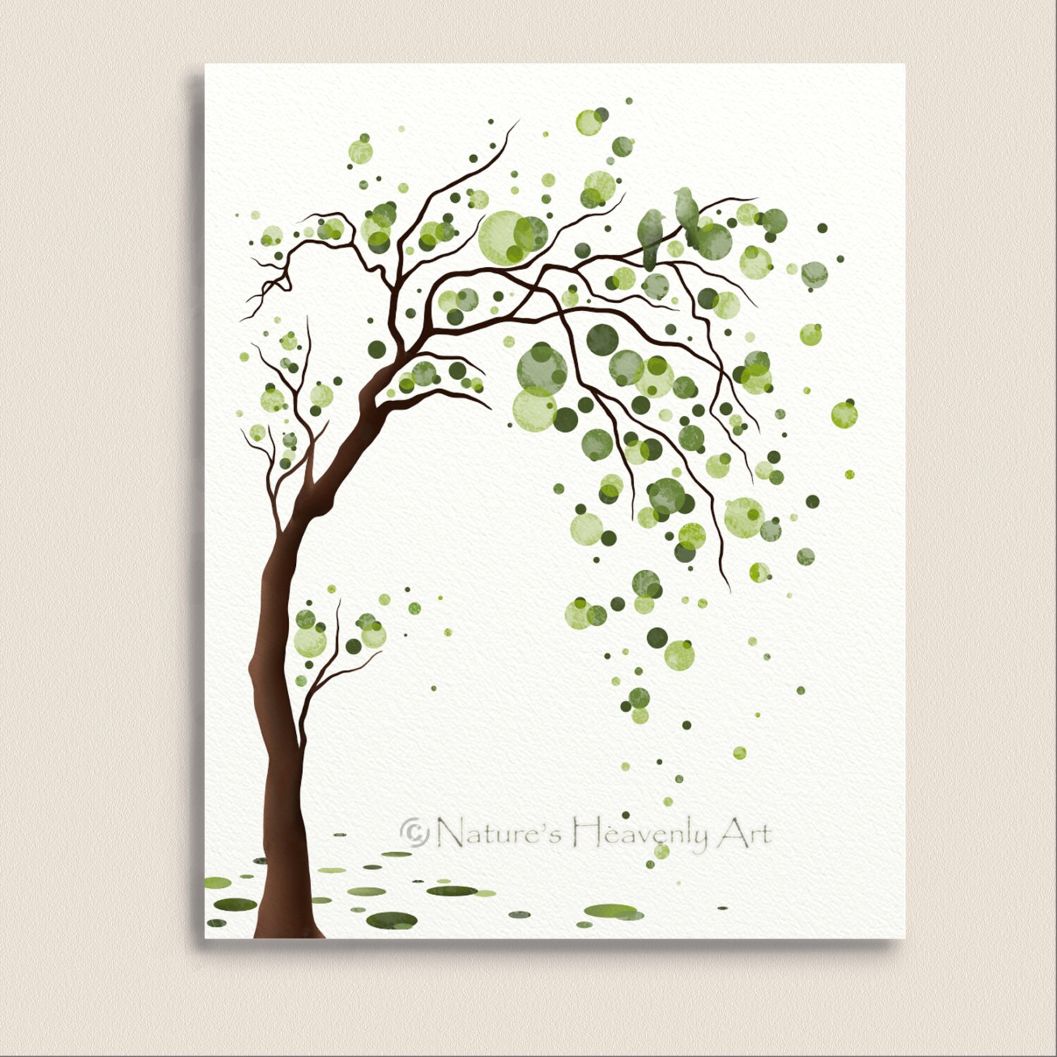 Green Tree Watercolor Art 8 x 10 Print Love Birds Tree