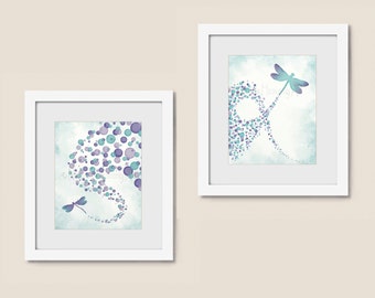 Aqua and Purple Room Decor for Home, 8 x 10 Print Set Dragonfly Art, Set of 2 Prints, Girls Bedroom Wall Art  (364, 365)