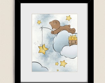 Moon and Stars Decor for Nursery, Baby Boys Room Art, Teddy Bear Wall Art, Boys Nursery Decor, Bear Art for Babys, Teddy Bear Print