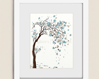 Blue and Brown Bedroom Wall Decor, Tree Wall Art for Living Room Decor, Tree Art Print, Dots, Tree Artwork