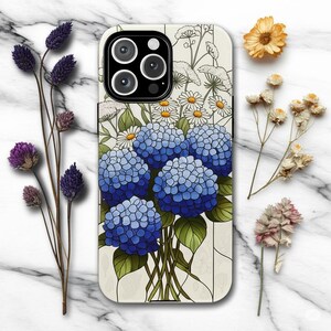 Blue Hydrangea Stained Glass Style Phone Case Wildflower Floral Artful Aesthetic Vintage Gift
