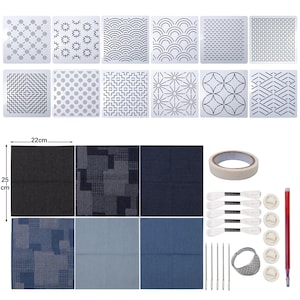 Sashiko Embroidery Stencil Kit, 12Pcs, PET Fabric, Thimble Needles Embroidery Thread, Various Pattern Template, Complete Hand Quilting Tools