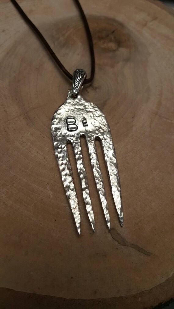 Items similar to Hammered fork "be" silverware jewelry necklace, fork jewelry, fork necklace
