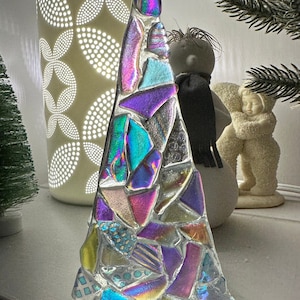 Fused glass dichroic tree tealight holder/candle holder, Christmas tree candle