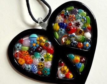 Black Fused Glass Peace Love Heart Suncatcher, Kendra's Heart, murrini