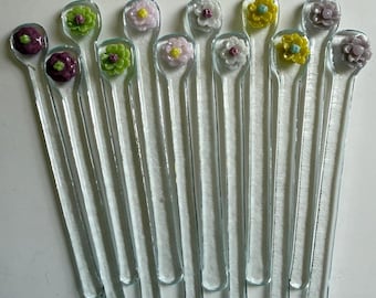 Fused Glass Swizzle Sticks, Floral Cocktail Stirrers, Set of 2 flowers