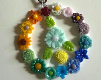 Fused Glass Peace sign Suncatcher with glass  Flowers