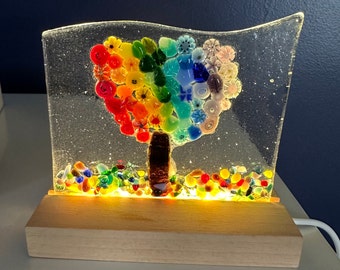 Fused glass rainbow tree/ tree/ Art pedestal light /rainbow light/ glass light panel /glass LED light/ nightlight