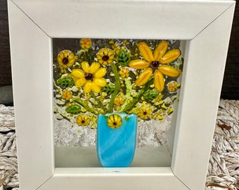 Fused glass flower vase art/floral  framed art / glass murrini/fused glass framed art/ glass bouquet