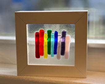 Fused glass rainbow mini frame /   framed art / rainbow stripes /fused glass framed art/ peace love