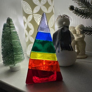 Rainbow striped fused glass tree tea light holder/candle holder/ Christmas tree candle