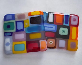 Very Colorful Fused glass coaster set of 2