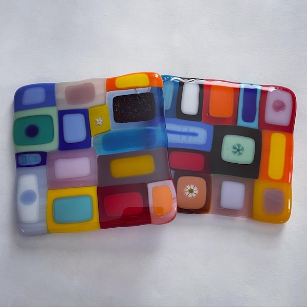 Very Colorful Fused glass coaster set of 2